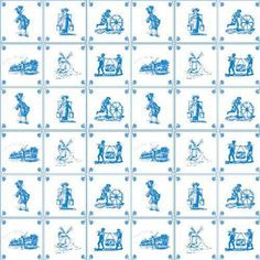 a blue and white tile with people on the tiles in different styles, sizes and colors