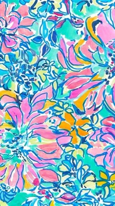 an abstract floral painting with blue, pink and yellow colors