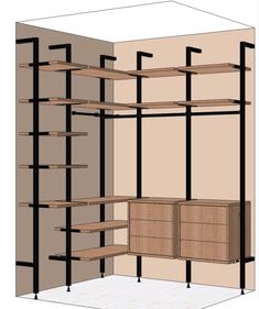 a closet with shelving unit and shelves in the corner, labeled to be built into the wall