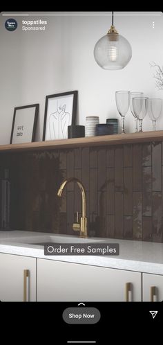 a kitchen counter with wine glasses on it and the words order free samples above it