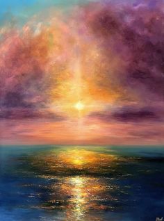 an oil painting of a sunset over the ocean with clouds and sun reflecting in the water