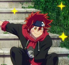 an anime character sitting on the steps with his arms spread out in front of him