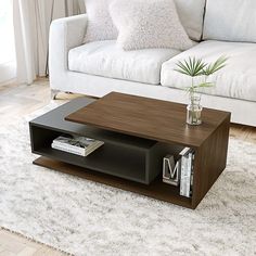 a living room with a couch, coffee table and bookshelf on the floor