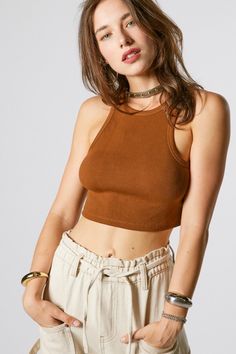 Racer Tank Brown ribbed tank. Scoop neck Racerback Fitted, cropped Cute Bathing Suits, Ribbed Tank, Style Gift, Racer Back, Effortless Style, Bathing Suits, Scoop Neck, Crop Tops, Sewing