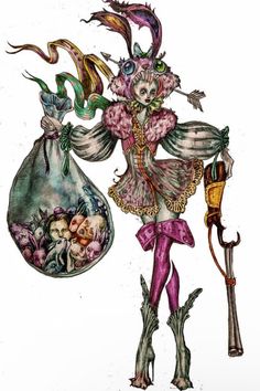 a drawing of a woman holding a bag and an umbrella in her hand with flowers on it