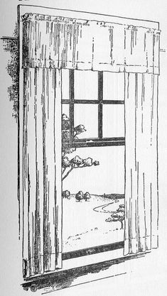 a drawing of an open window with curtains on the outside and trees in the inside