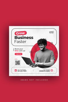 a red and white business flyer with a man on a laptop in front of a red background