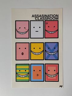 a poster with different colored squares and smiling faces on it's front cover that says, assanation classroom