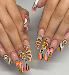 Ornamental | XL Square Glossy Autumn Design Nails Coffin Shape Nails, Nail Swag, Colorful Nail Designs