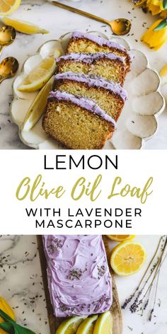 lemon olive oil loaf with lavender mascarpone on a white plate and surrounded by lemons