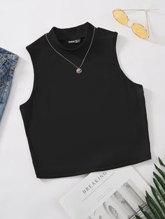 Black Basics   Polyester Plain Tank Embellished Slight Stretch Summer Women Tops, Blouses & Tee Mock Neck Tank Top, Solid Tank Tops, Plus Size Tank Tops, Casual Tank Tops, Workout Tank Tops, Knitted Tank Top, Teen Fashion Outfits, Knit Tanks, Cute Casual Outfits