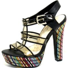 Open Toe Multi-Color Platform Black Heels Approximately 5.5 Inch Heel Color: Black Pattern: Multi-Colored Fastening: Buckle Multicolor Synthetic Sandals For Evening, Evening Multicolor Synthetic Sandals, Multicolor Synthetic Heels For Evening, Multicolor High Heels For Night Out, Multicolor Round Toe Heels For Night Out, Trendy Multicolor Heels For Evening, Multicolor Heels With 4-inch Heel For Night Out, Multicolor 4-inch Heels For Night Out, Multicolor Synthetic Heels For Party