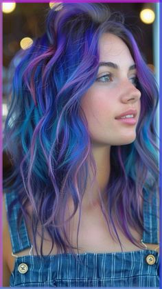 Hair Fun Colors, Vibrant Hair Color Ideas Summer, Blue And Purple Hair Medium Length, Cool Vivid Hair Color, Vibrant Color Hair, Cool Tone Vivid Hair Color, Low Maintenance Vivid Hair Color, Dark Vivid Hair, Pink Purple Blue Green Hair