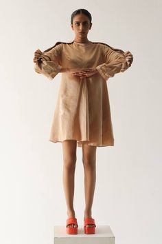 Beige short dress in pure cotton silk satin base with front pleat, structured ruffle texture on the sleeves and back deep V-neck with bow detail. - Aza Fashions Ruffle Texture, Beige Short Dress, Ruffle Sleeve Dress, Fashion App, Dress For Women, Bow Detail, Cotton Silk, Aza Fashion, Short Dress