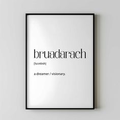 a black and white poster with the words bruadarach in it's center