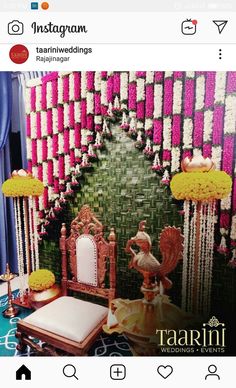 an instagram photo of a bedroom decorated in pink and yellow with flowers on the headboard