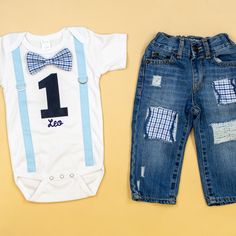 birthday outfit for guys Jean Birthday Outfit, Baby Boy 1st Birthday Outfit, Outfits With Pants, Outfit For Guys, Boys Birthday Outfits, Blue Suspenders, First Birthday Shirts, Baby Boy 1st Birthday, Cake Smash Outfit