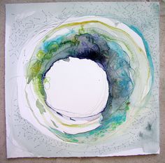 an abstract painting with watercolors and ink on paper, depicting a circular hole in the ground