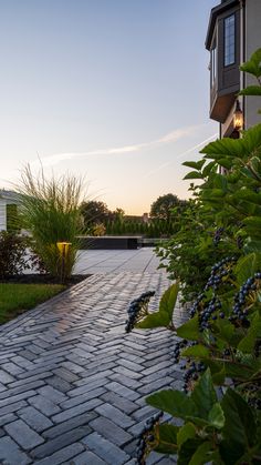 a brick walkway leading to a house at sunset