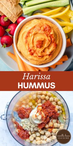 hummus in a food processor with vegetables and dip