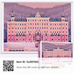 an image of a pink building with mountains in the background and qr code to see them details