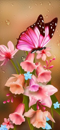 a painting of pink flowers and a butterfly