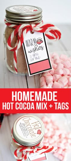 homemade hot cocoa mix and tags on a table