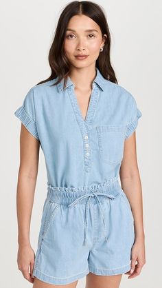 Veronica Beard Jean Almera Top | Shopbop Chambray Short Sleeve Tops With Relaxed Fit, Chambray Relaxed Fit Short Sleeve Tops, Relaxed Fit Chambray Top With Short Sleeves, Relaxed Fit Short Sleeve Chambray Top, Relaxed Fit Chambray Short Sleeve Tops, Summer Tencel Tops With Button Closure, Light Wash Short Sleeve Tops For Work, Relaxed Fit Tops With Elastic Waistband For Work, Blue Short Sleeve Tops With Elastic Waistband