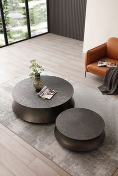 two round coffee tables sitting on top of a rug