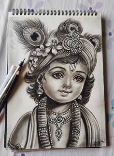 a pencil drawing of a girl with flowers in her hair and necklaces on her head