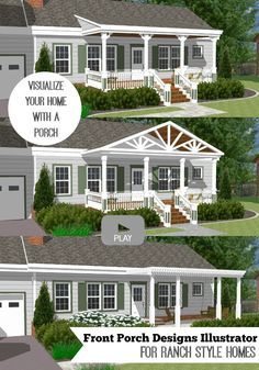 the front porch designs for ranch style homes are shown in three different styles and colors