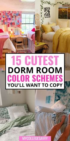 a collage of photos with the words 15 cutest dorm room color schemes you'll want to copy