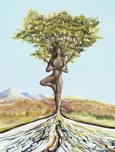 a painting of a woman standing in front of a tree with its roots spread out