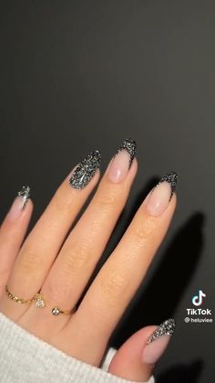 Sparkly French Tip Nails, Black Sparkle Nails, Black Prom Nails, Hoco Nails, Black Nails With Glitter, Nails Design Ideas, 2023 Nails, Nails Arts, Black Acrylic Nails