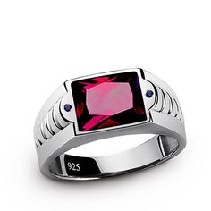 Metal: Sterling Silver Purity: 925 (hallmarked)Gemstone: Red RubyCarat Total Weight: 3.40Cut: Rectangular Faceted7 mm x 10 mm (0.3" x 0.4")Setting Type: InlayAccent Stones: SapphiresSetting Type: Flush Mens Ruby Ring, Silver Ruby Ring, Male Jewelry, Sterling Silver Mens Rings, Round Sapphire, White Topaz Rings, Diamond Gift, Mens Silver Rings, Shopping Deals