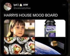 harry's house mood board with pictures of food, and an image of the earth