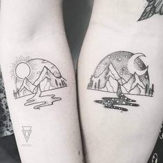 two tattoos on both arms with mountains and sun in the sky behind them, one is black and white