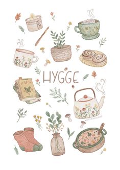 the words hygge written in watercolor and surrounded by illustrations of teapots