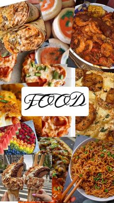 a collage of pictures with different foods and words that say fooz on them