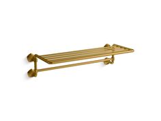 a gold metal shelf with two hooks on it