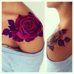 a woman's breast with a rose tattoo on it