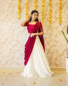 #onam #fashion New Model Salwar Design, Onam Leheng, Kerala White Saree Blouses, Onam Poses In Pattupavada, Half Saree Designs For Onam, Simple Saree Styles, Red And White Half Saree