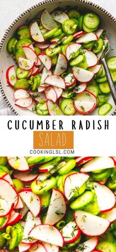 cucumber radish salad in a bowl with a spoon