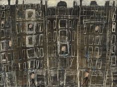 an abstract painting of buildings and people walking on the sidewalk in front of them,