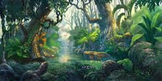 an artist's rendering of a jungle scene with trees, plants and other animals