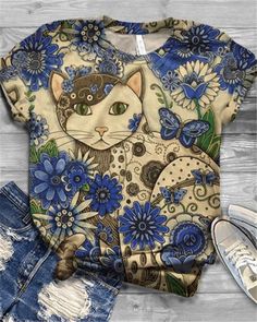 Plus Size Cat Printed Vintage Short Sleeve Crew Neck Shirts & Tops Printed Tshirt Women, Y2k Graphic Tees, Round Neck Shirt, Creation Couture, Vintage Short, Streetwear Tshirt, Round Neck Tops, Crew Neck Shirt, Cat Pattern