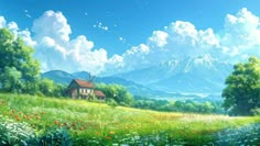 a painting of a house in the middle of a field with flowers and trees around it