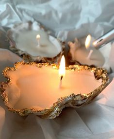 two white candles are in an oyster shell