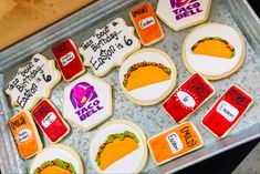 decorated cookies in the shape of tacos and burritos