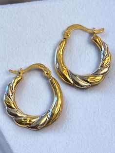 "BEAUTIFUL Vintage Small 14K Two Tone Gold Hoop Earrings! * Beautiful vintage 14k (585) two tone gold hoop earrings! * Lightweight and very comfortable on the ear! * Measure approximately 3/4\" x 5/8\" * Weight is .7 grams Shipped FAST, fully insured and gift boxed :) I guarantee item to be exactly as described and pictured." Thick Gold Hoops, Gold Apple, Black Gift Boxes, Dream Jewelry, Gold Hoops, Jewelry Earrings Hoops, Gold Hoop, Gold Hoop Earrings, Gold And Silver